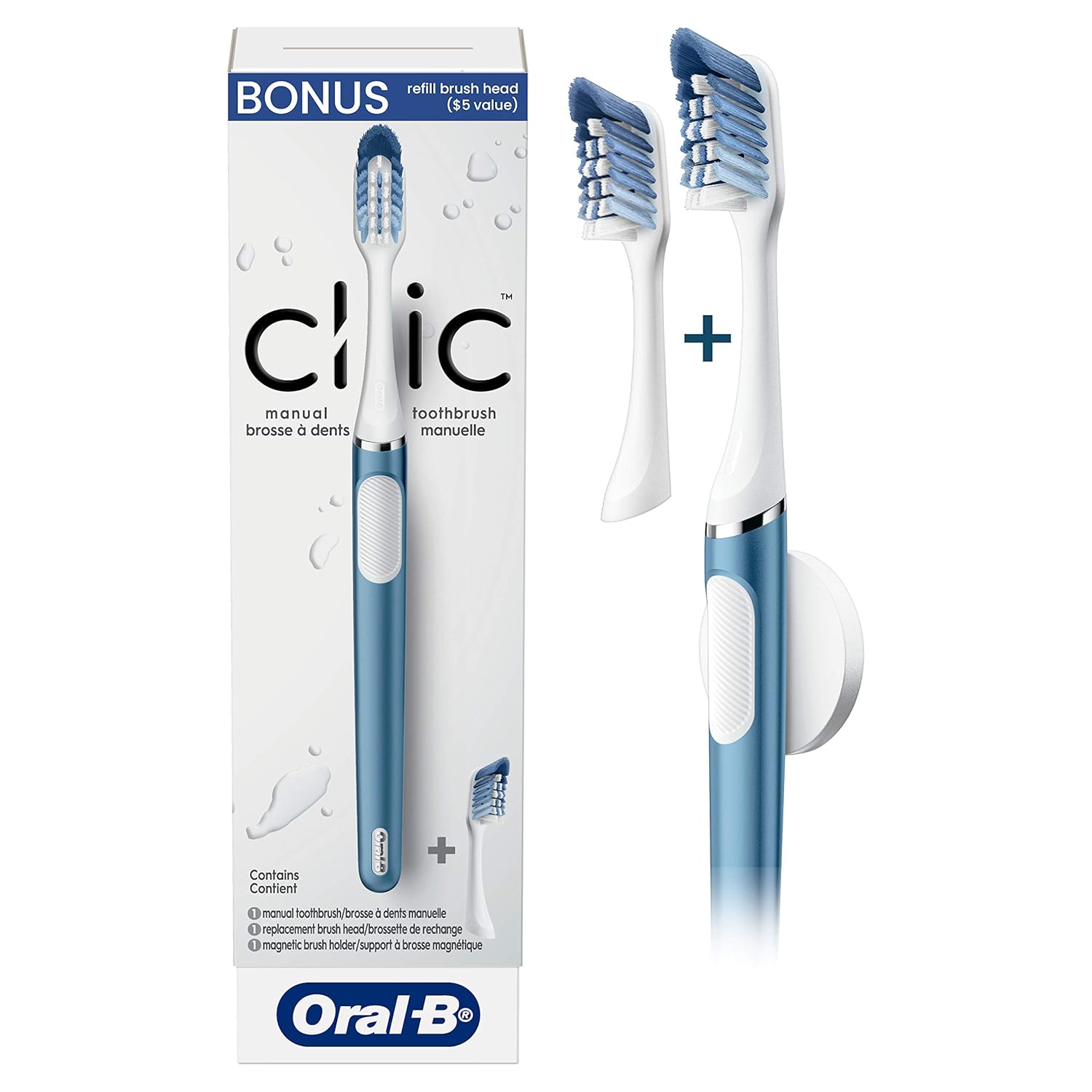 Oral-B Clic Toothbrush, Alaska Blue, With 2 Replaceable Heads And Magnetic Toothbrush Holder