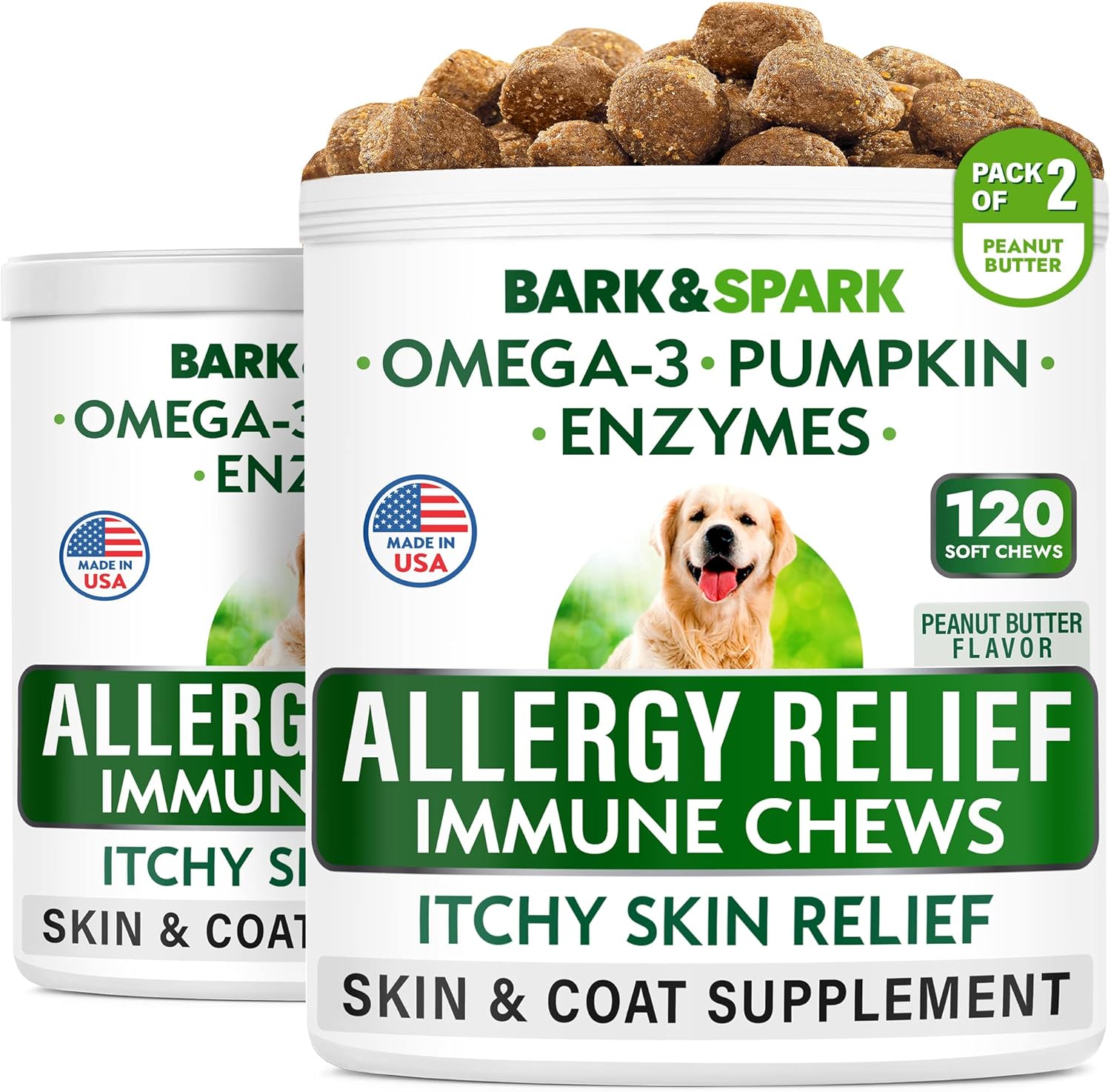 Bark&Spark Allergy Relief Dog Treats - Omega 3 + Pumpkin + Enzymes - Itchy Skin Relief (240 Ct) - Seasonal Allergies - Anti-Itch & Hot Spots - Immune Supplement - Made In Usa - Peanut Flavor Chews