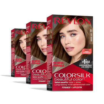 Revlon Colorsilk Beautiful Color Permanent Hair Color, Long-Lasting High-Definition Color, Shine & Silky Softness With 100% Gray Coverage, Ammonia Free, 51 Light Brown, 3 Pack