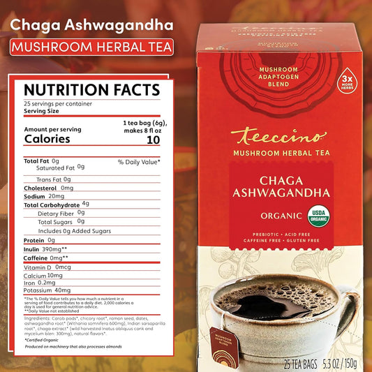 Teeccino Chaga Ashwagandha Tea - Butterscotch Cream - Organic Mushroom Adaptogenic Herbal Tea, 3X More Herbs Than Regular Tea Bags, Prebiotic, Caffeine Free, Gluten Free - 25 Tea Bags