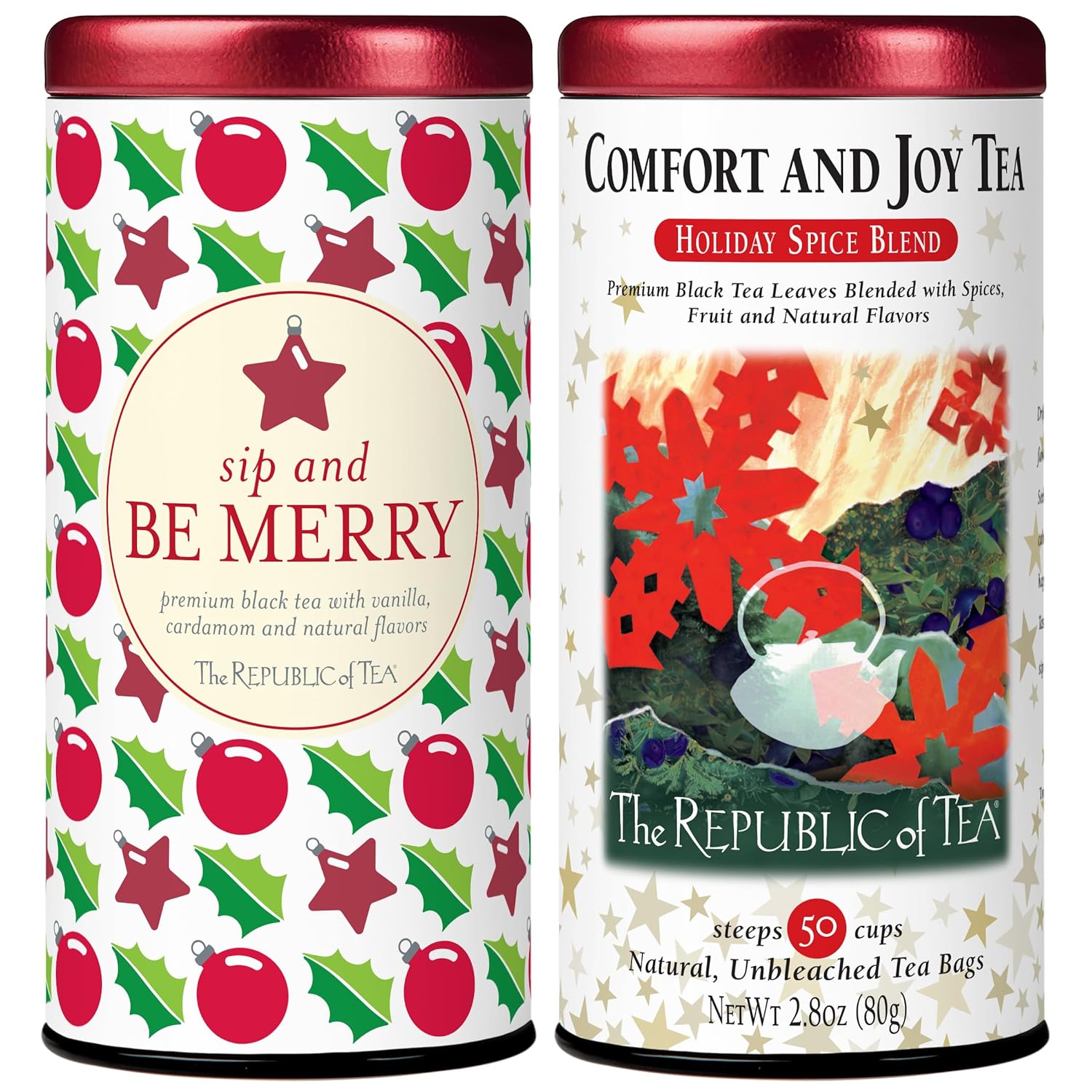 The Republic Of Tea – Limited-Edition Holiday Black Teas - Sip And Be Merry, Comfort And Joy Tea Bundle – 50 Count Tea Bags Each