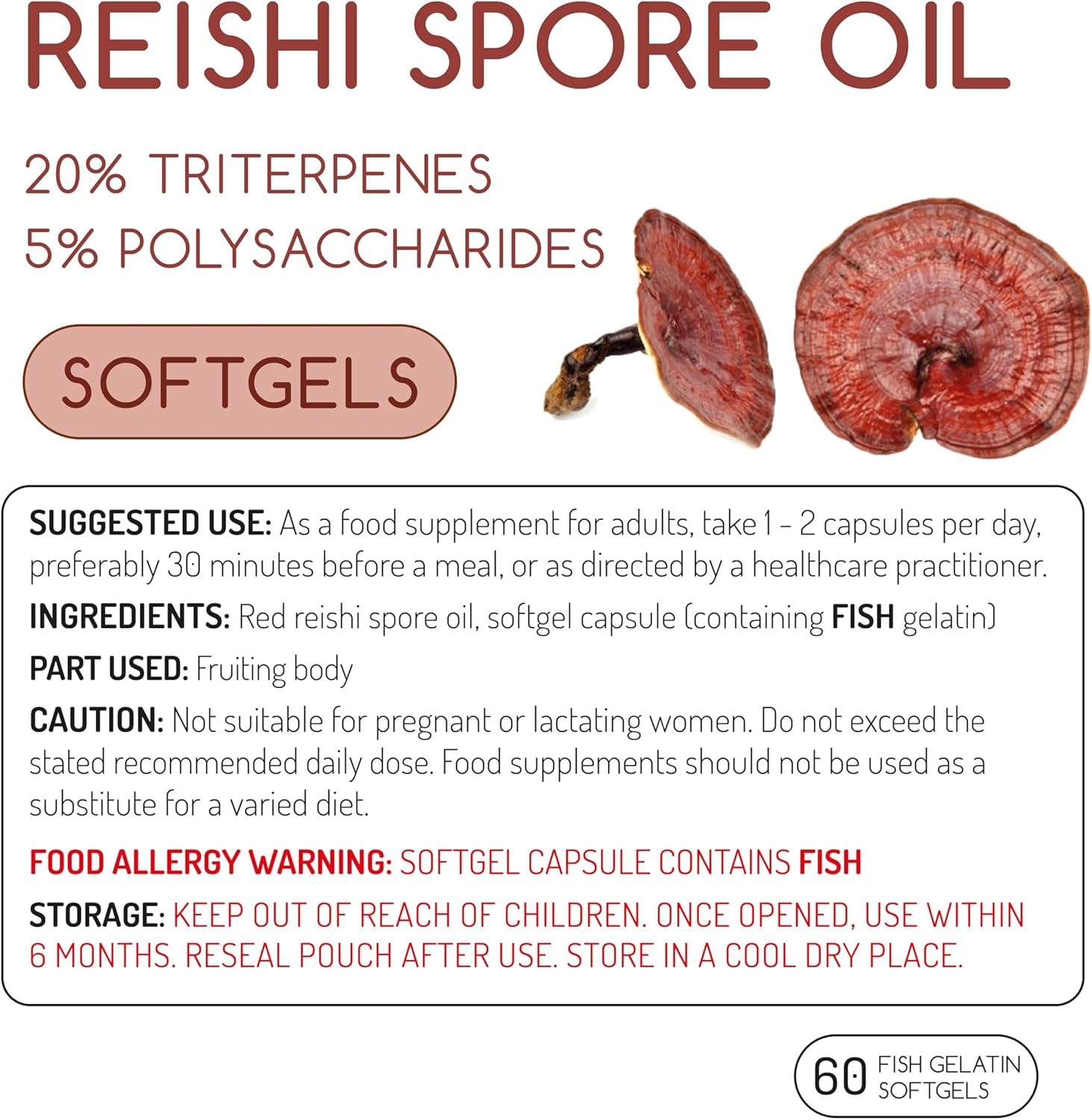 Reishi Spore Oil 500mg Softgels - 20% Triterpenes - 5% polysaccharides - Zero Additives - GMP Standards - UK Made - Zero Additives (60 Capsule Pouch) : Amazon.co.uk: Health & Personal Care