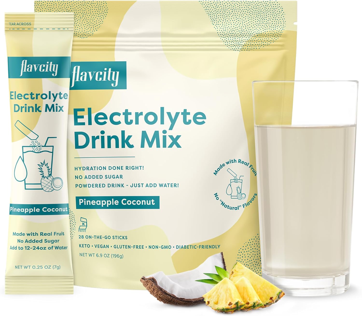 FlavCity Pineapple Coconut Electrolytes Drink Mix, 28 On-The-Go Stick Packs - Healthy Electrolytes Powder Packets Made with Real Fruit - Keto Powdered Drink with No Added Sugar, Gluten-Free