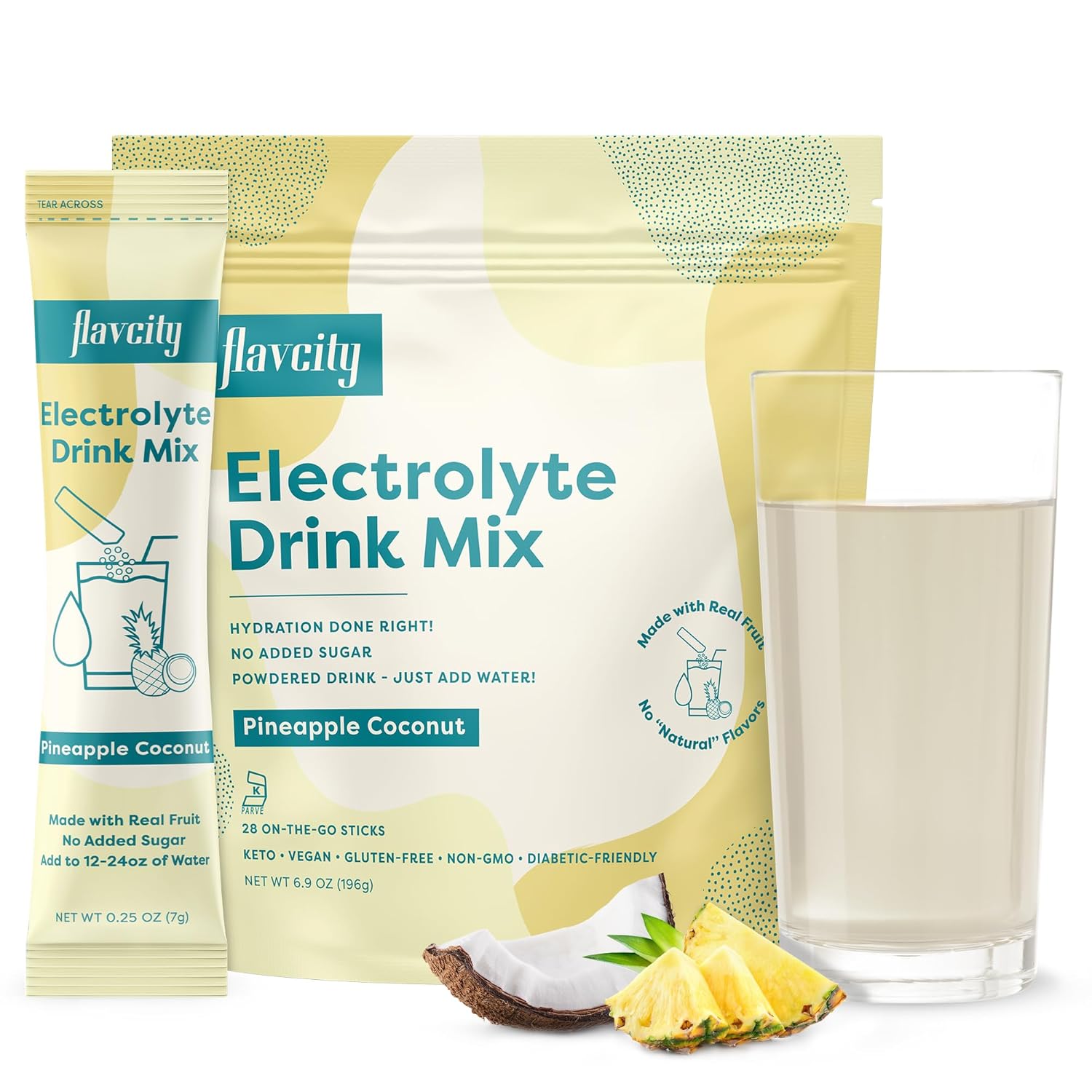 Flavcity Pineapple Coconut Electrolytes Drink Mix, 28 On-The-Go Stick Packs - Healthy Electrolytes Powder Packets Made With Real Fruit - Keto Powdered Drink With No Added Sugar, Gluten-Free