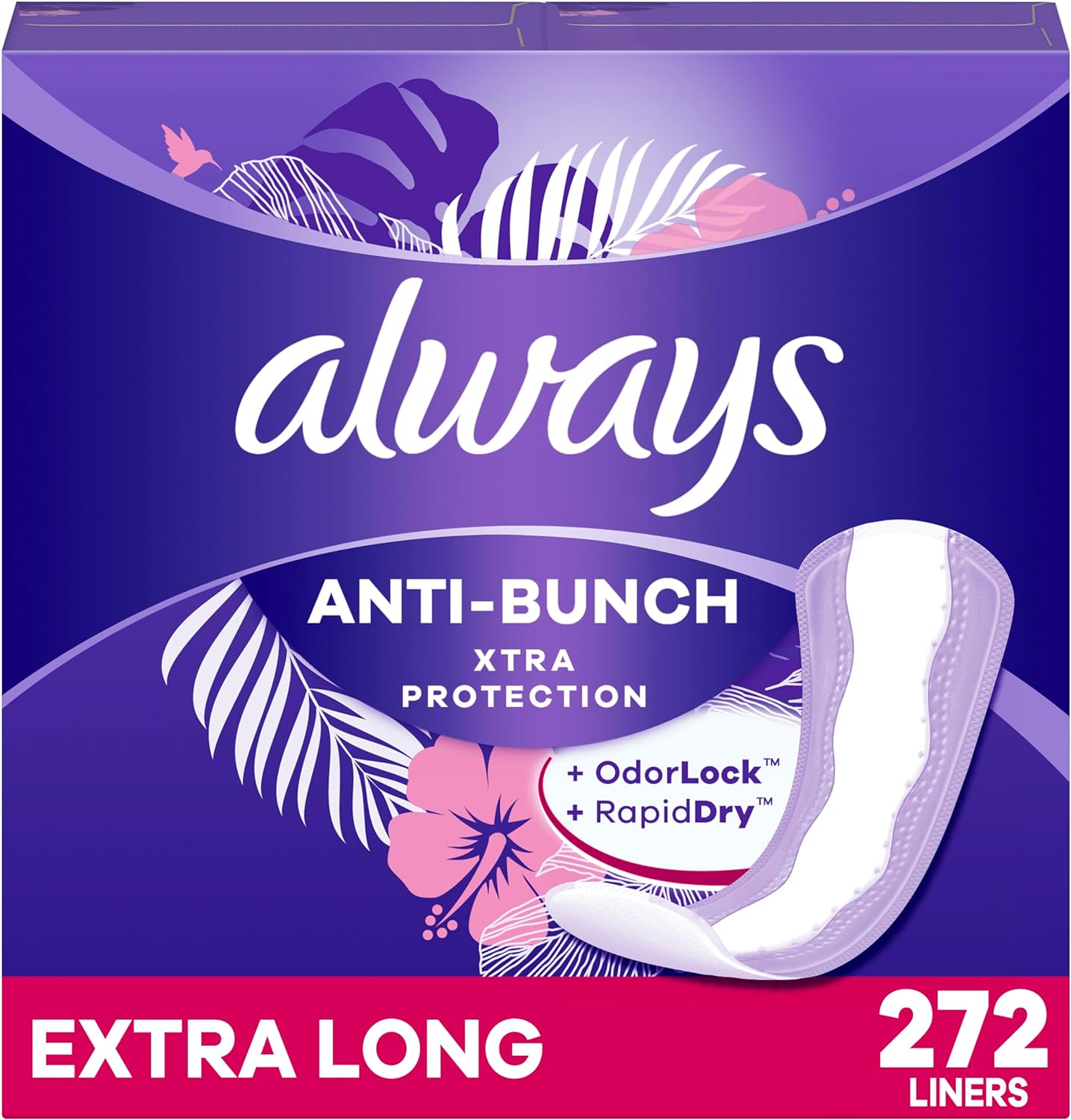 Always Anti-Bunch Xtra Protection, Panty Liners For Women, Extra Long Length, Unscented, 68 Count X 4 Packs (272 Count Total) (Packaging May Vary)