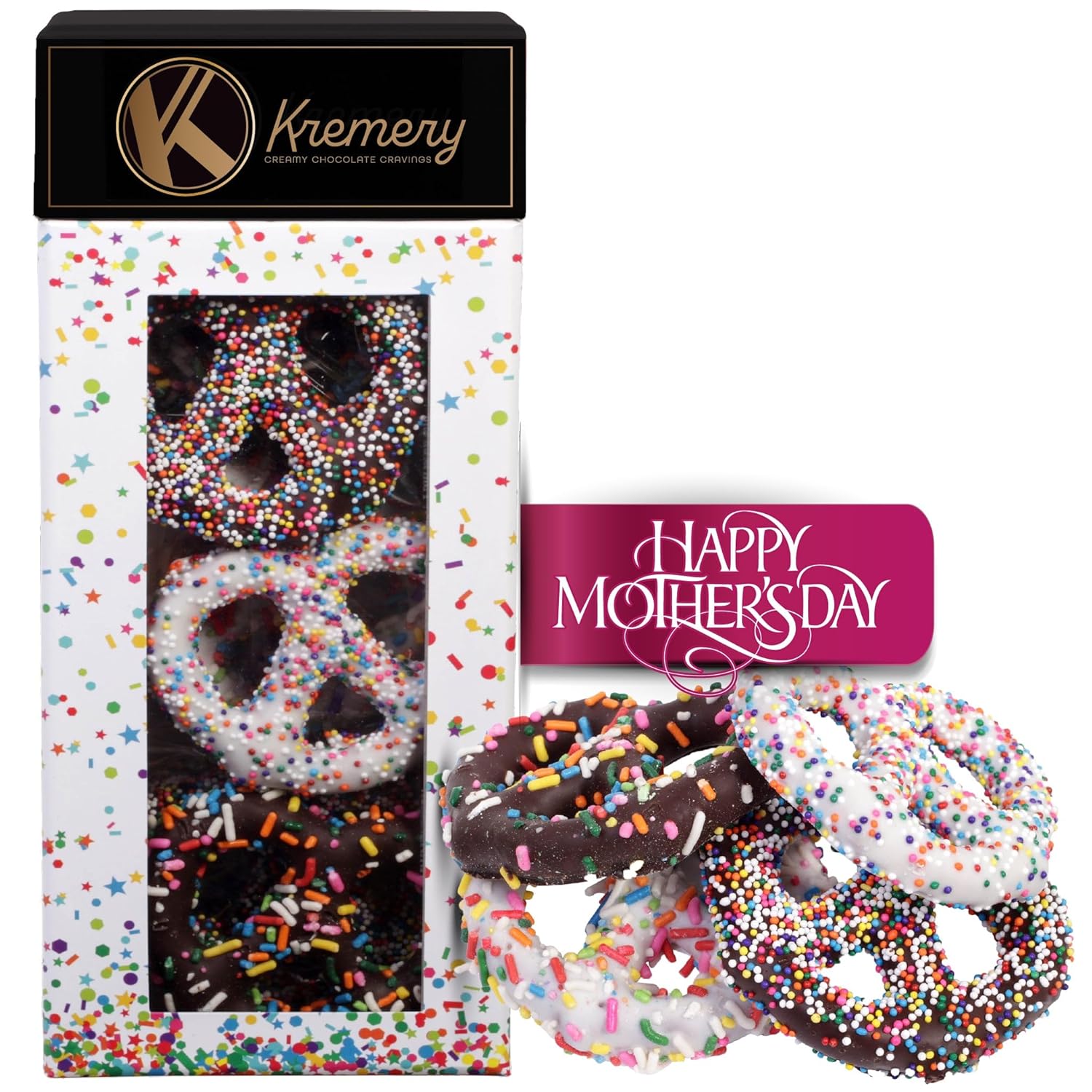 KREMERY Creamy Chocolate Cravings - Mothers Day Chocolate Covered Pretzel Twists Gift Basket in Confetti Tower, Assorted Candy Toppings (12 Count) Birthday Care Package - Kosher Dairy USA Made