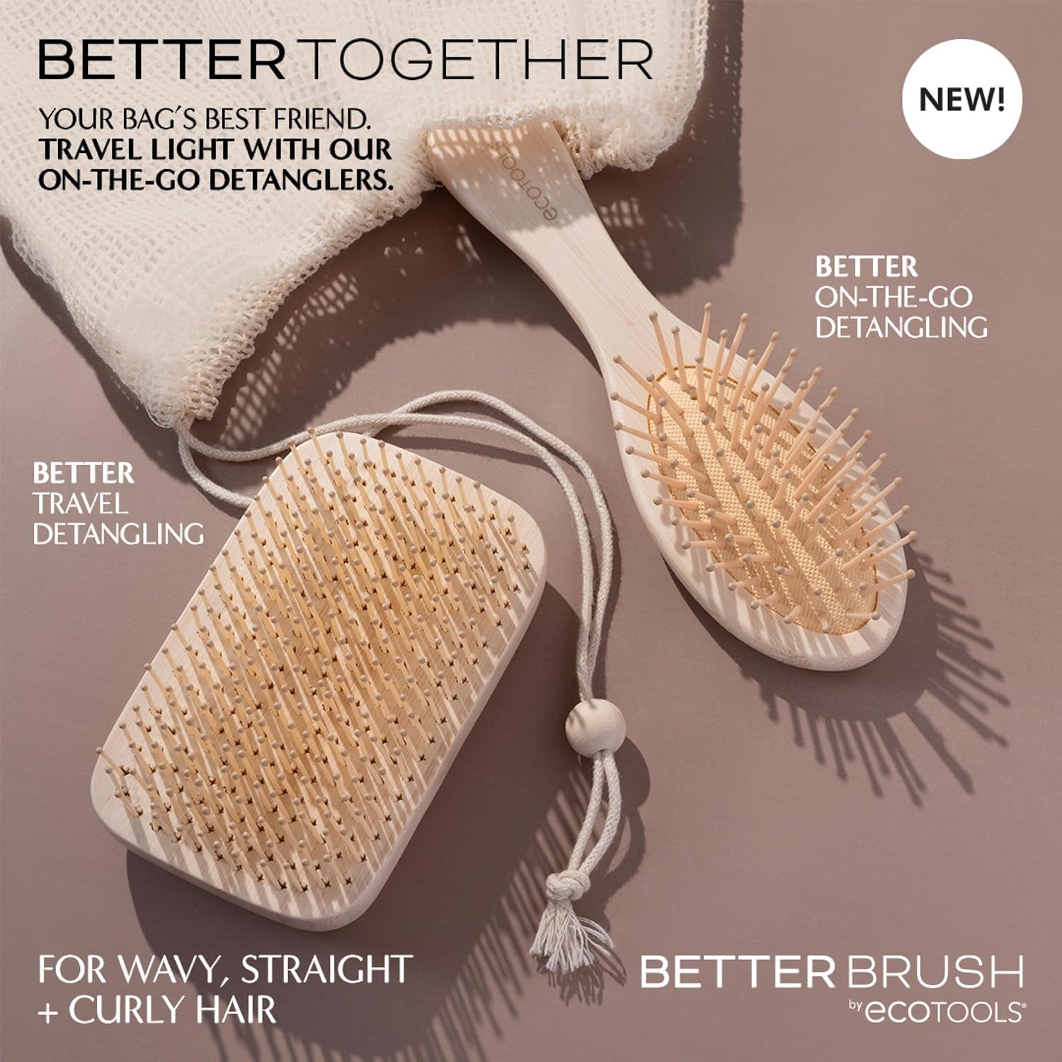 Ecotools Mini Detangler Hairbrush, Brush For Wet Or Dry Hair, Heat Resistant, Mini Hairbrush Gently Detangles & Styles, Travel-Size Paddle Brush, Renewable Bamboo, Vegan & Cruelty-Free, 1 Count