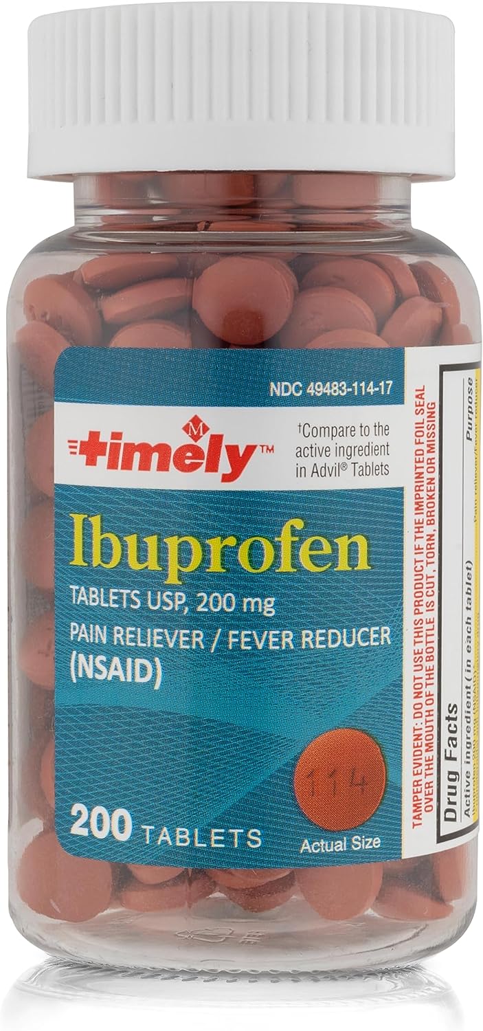 Timely Ibuprofen 200mg 200 Tablets - Compared to Advil Tablets - Pain Relief Tablets and Fever Reducer - for Headache Relief, Menstrual Pain, Tooth Aches Muscular Aches, Arthritis Pain & Body Aches