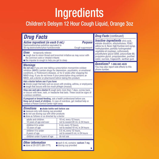 Delsym Children'S Cough Suppressant Liquid, Orange Flavor, 3 Ounce