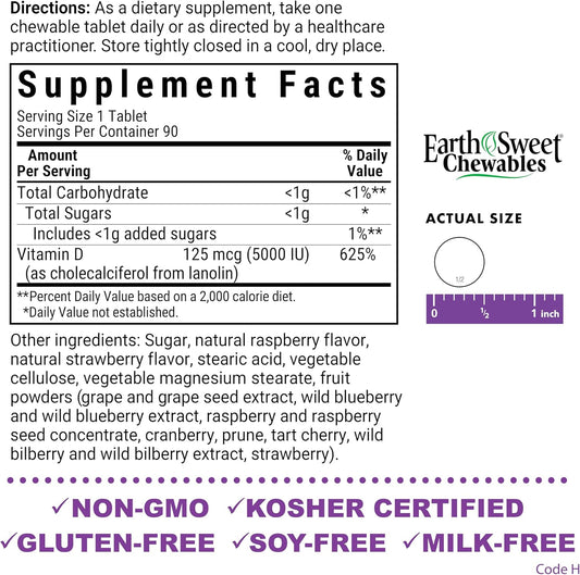 Bluebonnet Nutrition Earth Sweet Vitamin D3 5000 Iu Chewable Tablets, Aids In Muscle & Skeletal Growth, Non Gmo, Gluten & Soy & Milk Free, Kosher, Raspberry, White, 90 Count