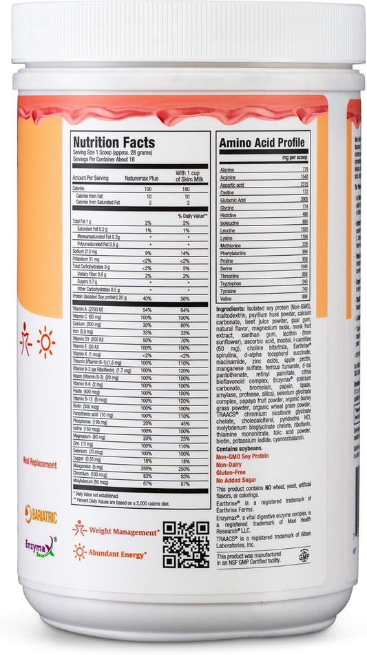 Maxi-Health Naturemax Plustm Energy Support Drink Soy Protein Powder - Sugar Free Diet Supplement - 20G Protein Per Serving - Natural Strawberry Flavor - Kosher Vitamin - 1Lb