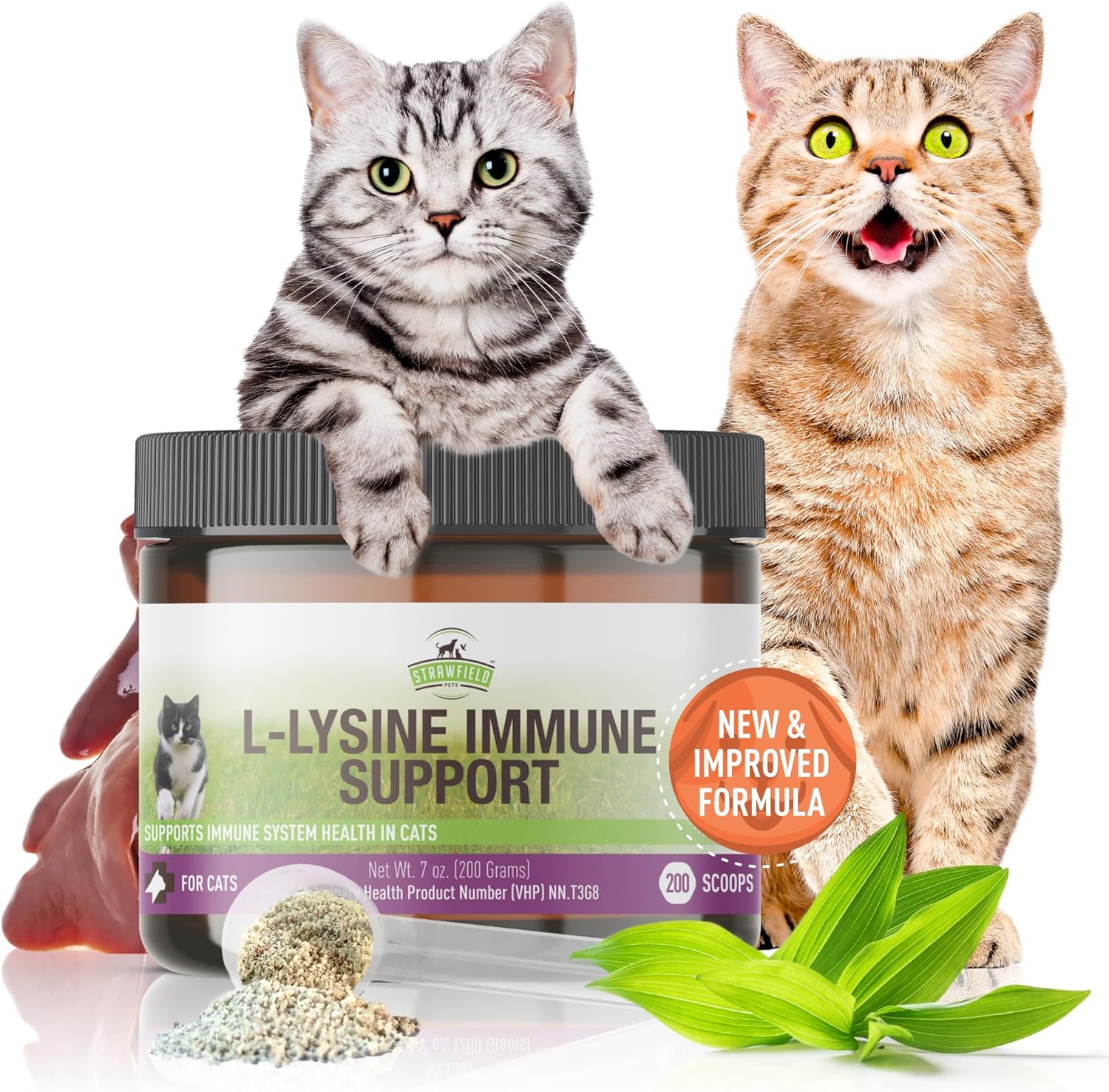 Strawfield Pets L-Lysine For Cats Supplement Powder Granules For Cat Cold, Sneezing, Congestion, Running Nose, Respiratory, Allergy Relief | Cats & Kittens Of All Ages | Cat Health Supplies
