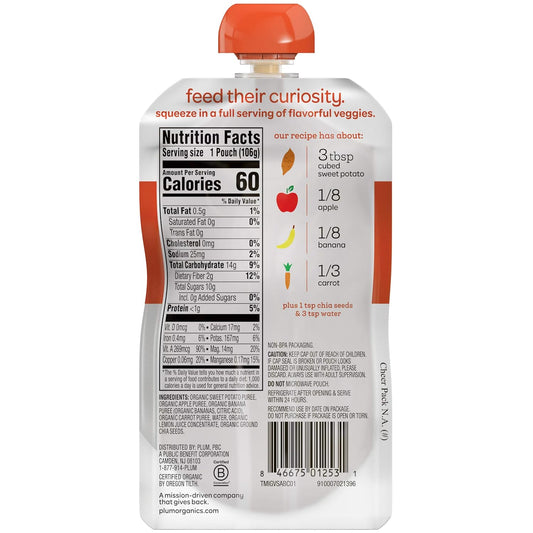 Plum Organics Baby Food Pouch | Mighty Veggie | Sweet Potato, Apple, Banana, Carrot | 3.75 Ounce | 12 Pack | Organic Food Squeeze For Babies, Kids, Toddlers