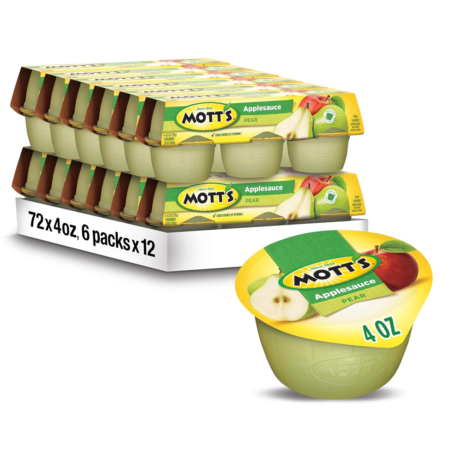 Mott'S Pear Applesauce, 4 Oz Cups, 72 Count (12 Packs Of 6), No Artificial Flavors, Good Source Of Vitamin C, Nutritious Option For The Whole Family