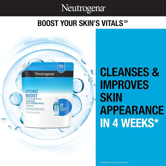 Neutrogena Hydro Boost Fragrance Free Hydrating Gel Facial Cleanser With Hyaluronic Acid, Daily Foaming Face Wash & Makeup Remover, Gentle Face Wash, Non-Comedogenic, Refill Pouch, 16 Fl. Oz