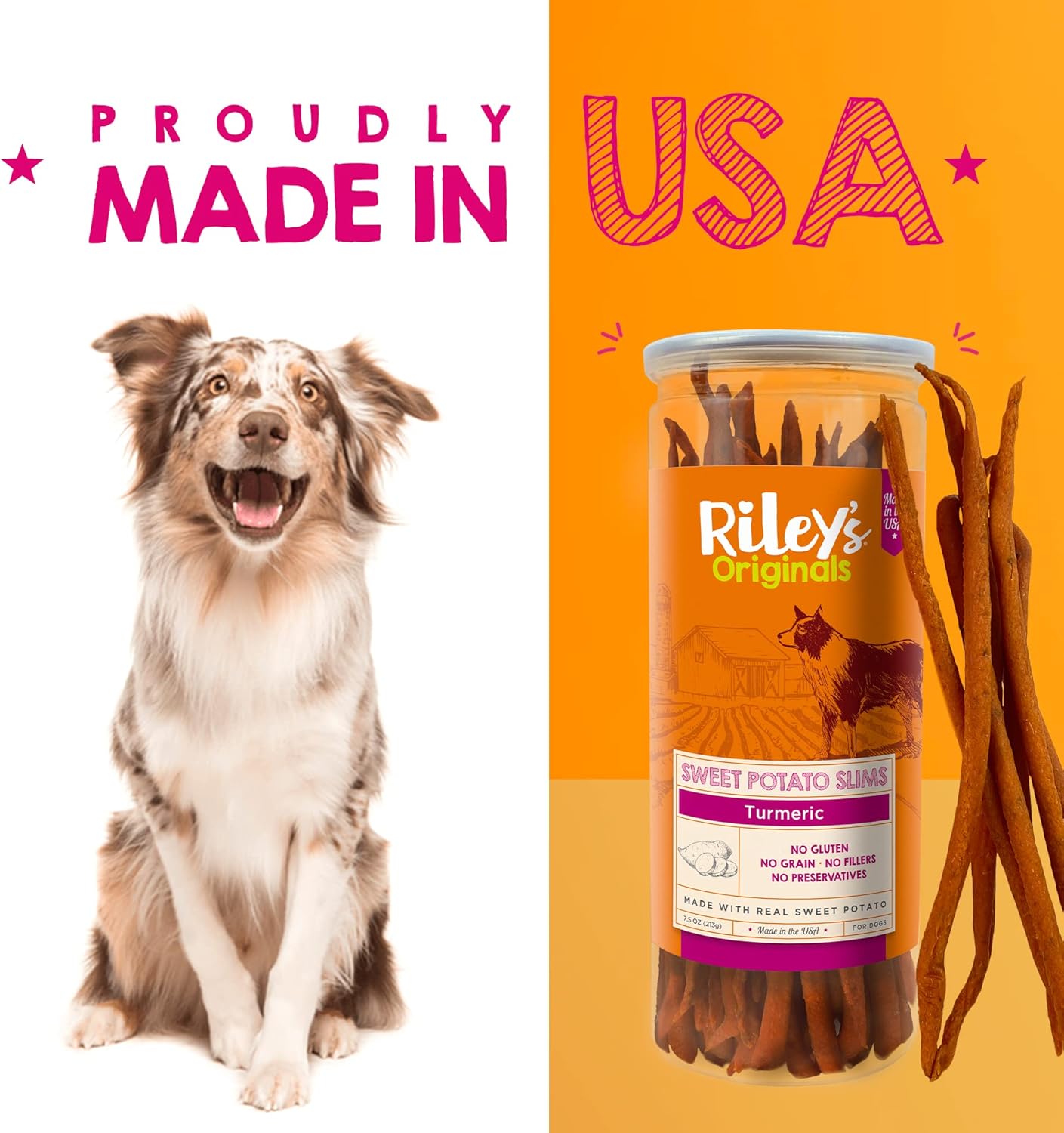 Riley's Slims Dried Sweet Potato Dog Treats - Dehydrated Sweet Potato Chews with Turmeric for Dogs - Limited Ingredient USA Sourced Chicken - Dog Treats Made in The USA - 7.5 oz : Pet Supplies