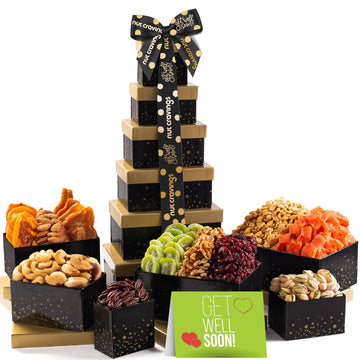 Nut Cravings Gourmet Collection - Get Well Soon Dried Fruit & Nuts Tower Gift Basket With Get Well Soon Ribbon (12 Assortments) Care Package Variety Tray, Kosher Snack Box