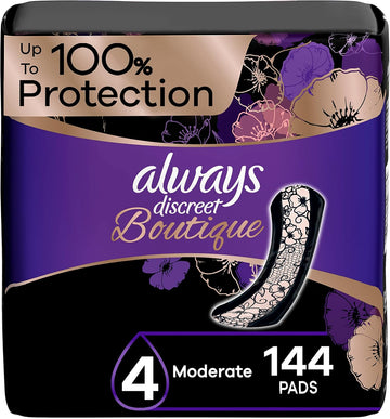 Always Discreet Boutique Adult Incontinence & Postpartum Pads For Women, Size 4, Moderate Absorbency, Regular Length, 48 Count X 3 Packs (144 Count Total) (Packaging May Vary)