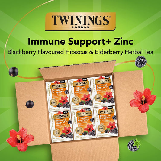 Twinings Superblends Immune Support+ Zinc Blackberry Flavoured Hibiscus & Elderberry Herbal, Caffeine-Free, 16 Tea Bags (Pack Of 6), Enjoy Hot Or Iced