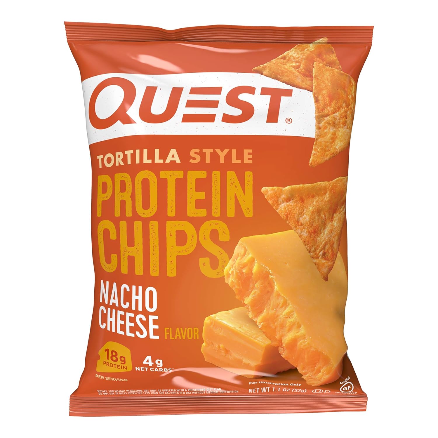 Quest Nutrition Nacho Cheese Tortilla Style Protein Chips, 18G Protein, 4G Net Carb, Low Carb, Gluten Free, 1.1 Oz (Pack Of 12)