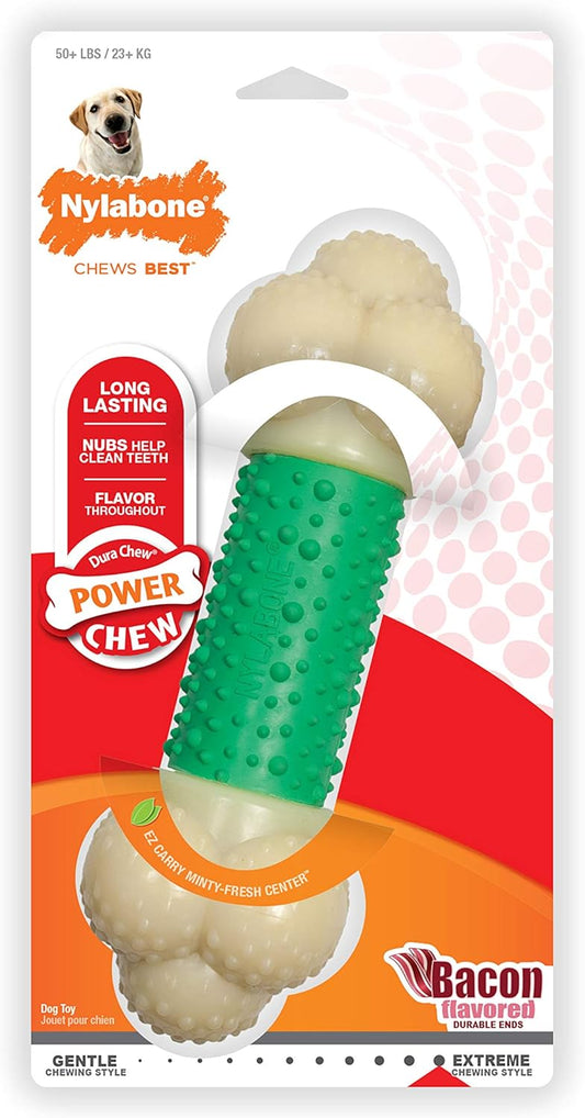 Nylabone Power Chew Double Action Barbell Bone Chew Toy, Durable Dog Toy, Bacon Flavor, X-Large/Souper (1 Count)