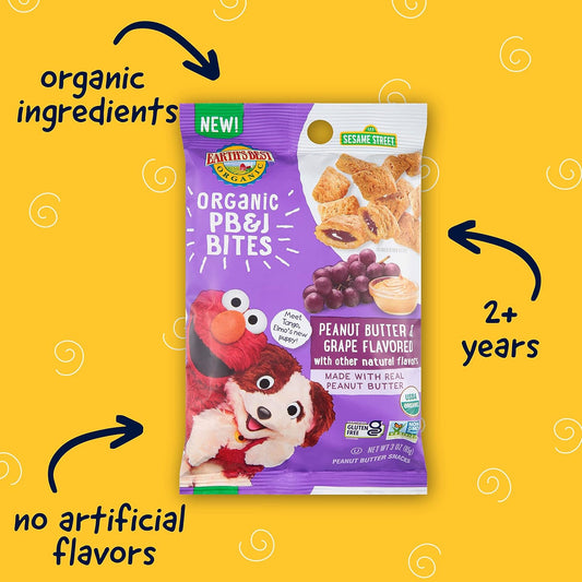 Earth'S Best Organic Kids Snacks, Sesame Street Toddler Snacks, Organic Pb&J Bites For Toddlers 2 Years And Older, Peanut Butter And Grape Flavored With Other Natural Flavors, 3 Oz Bag (Pack Of 6)