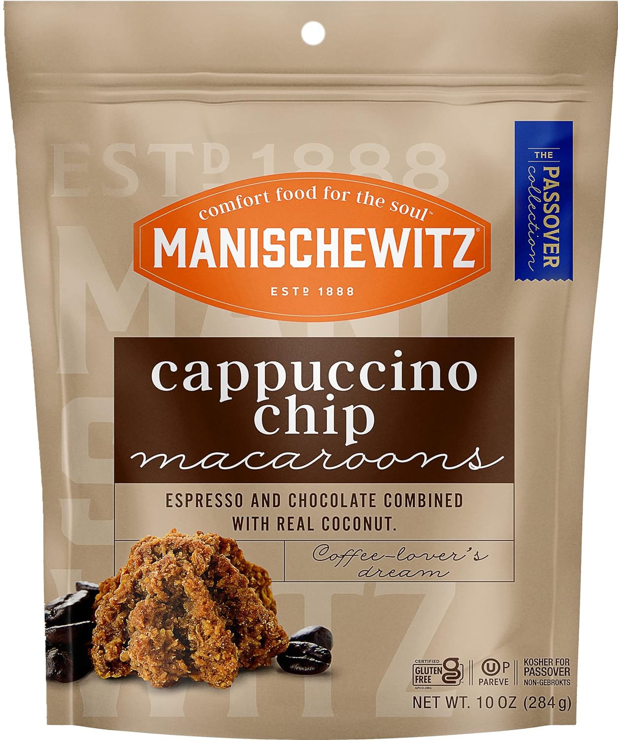 Manischewitz Cappucino Chip Macaroons, 10 oz | Coconut Macaroons | Resealable Bag | Dairy Free | Gluten Free Coconut Cookie | Kosher for Passover