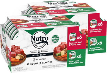 Nutro Adult Natural Grain Free Wet Dog Food Cuts In Gravy Tender Chicken, Sweet Potato & Pea Stew Recipe And Roasted Turkey, Potato & Pea Stew Recipe Variety Pack, 12-Pack Of 3.5 Oz. Trays