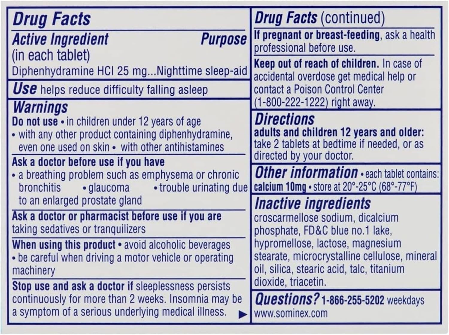 Sominex Nighttime Sleep-Aid With Diphenhydramine Hcl 25 Mg, Original Formula, 72 Tablets : Health & Household