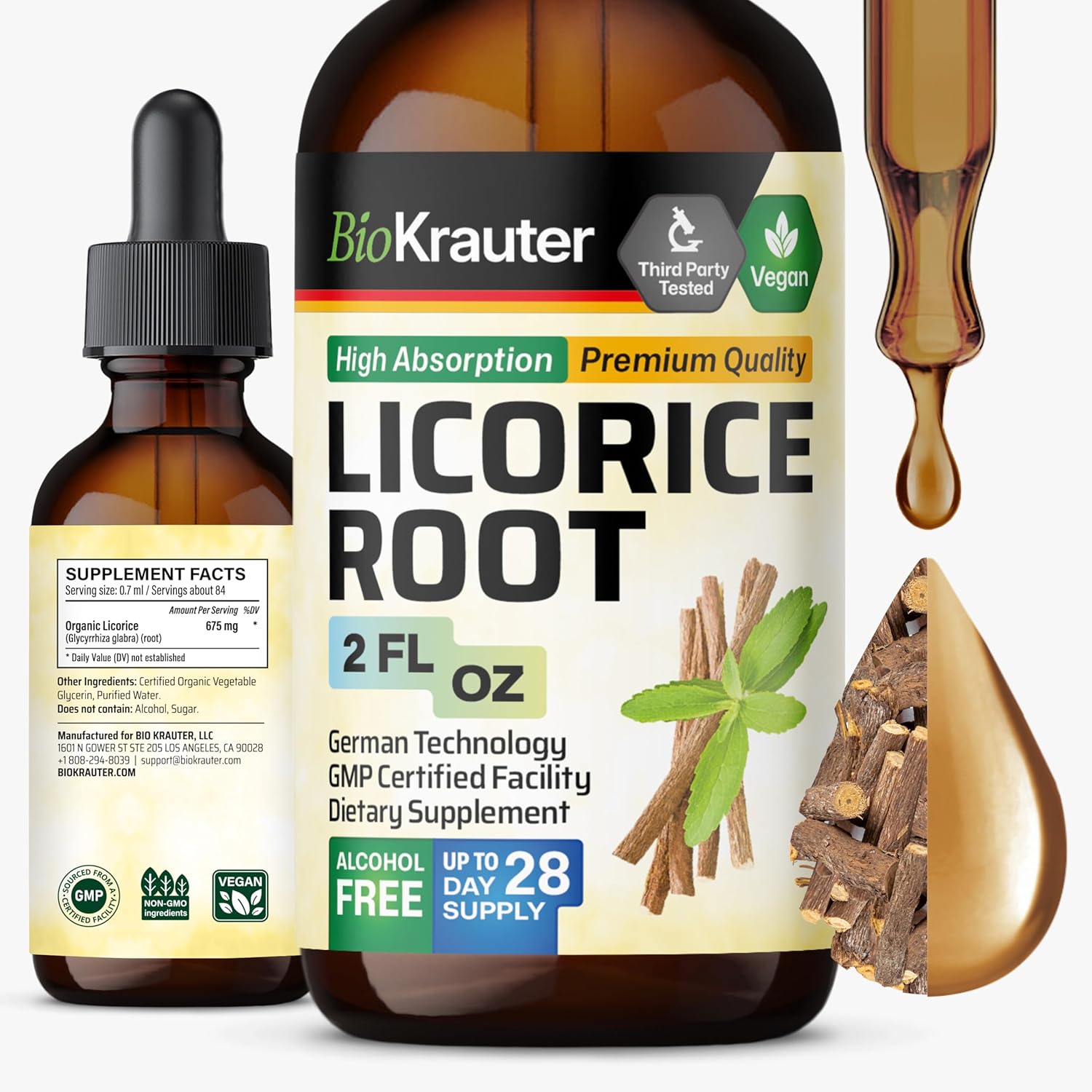 Bio Krauter Licorice Root Tincture - Licorice Root Extract For Digestive Support - Alcohol And Sugar Free - Vegan Drops 4 Fl.Oz