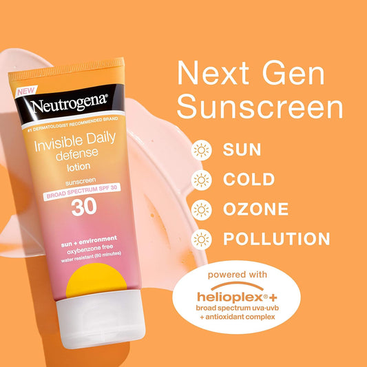 Neutrogena Invisible Daily Defense Sunscreen Lotion, Broad Spectrum SPF 30, Oxybenzone-Free & Water-Resistant, Sun & Environmental Aggressor Protection, Antioxidant Complex, 3.0 fl. oz