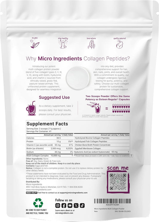 Multi Collagen Peptides Powder, 16 Oz - Hydrolyzed Protein Peptides | Type I,Ii,Iii,V,X With Hyaluronic Acid, Biotin & Vitamin C - Unflavored - Keto & Paleo Friendly, Ez Mix In Drinks