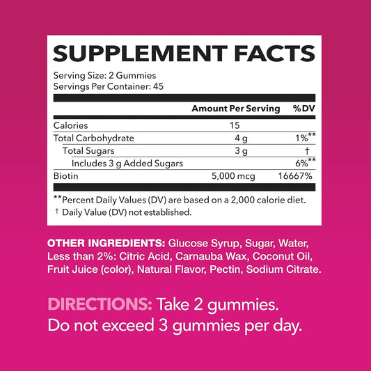 5000Mcg Biotin Gummies For Hair, Skin And Nails - Vegan Supplement For Women And Men - Glp-1 Nutritional Support To Promote Lucious Locks And Radiant Skin - Vitamin B7 - Strawberry Flavor, 90 Count