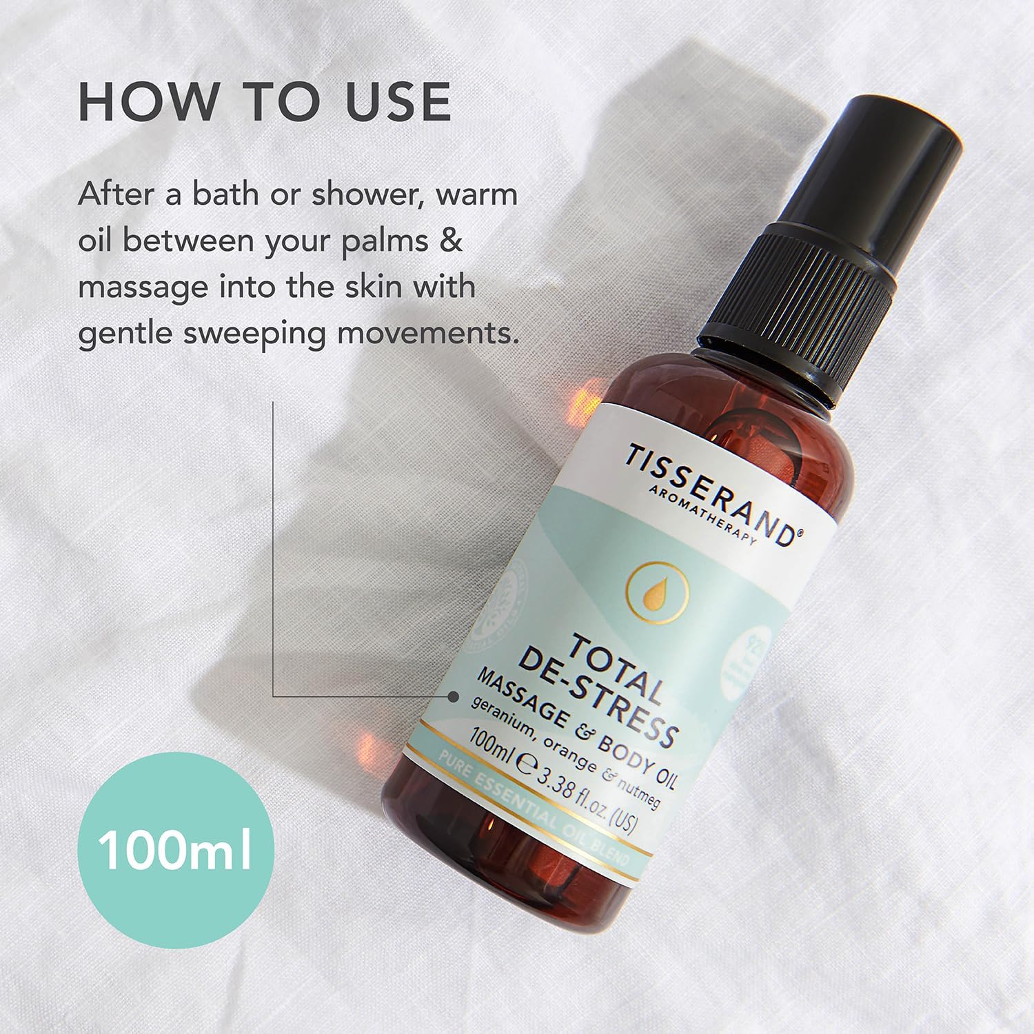 Tisserand Aromatherapy - Total De-Stress - Massage & Body Oil - Orange, Geranium, Nutmeg Essential Oil - 100% Natural Pure Essential Oils - 100Ml