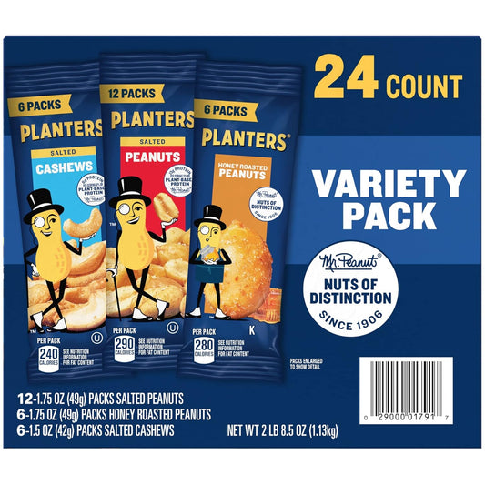 Planters Peanuts & Cashews Variety Pack, 40.5 Oz, Includes 6 Packages Honey Roasted Peanuts (1.75 Oz Each), 12 Packages Salted Peanuts (1.75 Oz Each), And 6 Packages Salted Cashews (1.5 Oz Each)