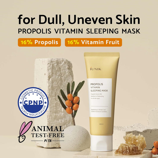 Iunik Propolis Vitamin Glow Sleeping Mask Night Moisturizer Cream 2.03 Fl Oz Overnight Moisturizing Cream Tea Tree Centella Asiatica Extracts Anti-Sagging Even Tone Rehydrate Firm Maturing Skin Vegan