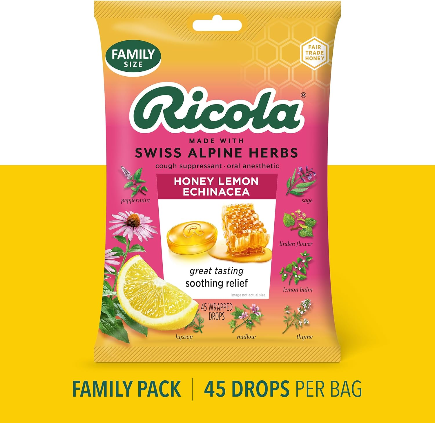 Ricola Honey Lemon with Echinacea Cough Drops, 45 Count