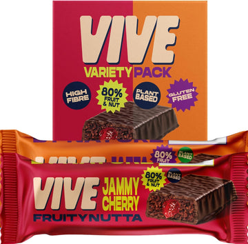 Vive Fruity Nutta Mixed Box – Variety Of Fruit Jam Filled Vegan Snack Bars – 80% Fruit & Nut, Belgian Chocolate Coated, High Fibre, Gluten-Free – Pack Of 12 Healthy Bars For On-The-Go Snacking