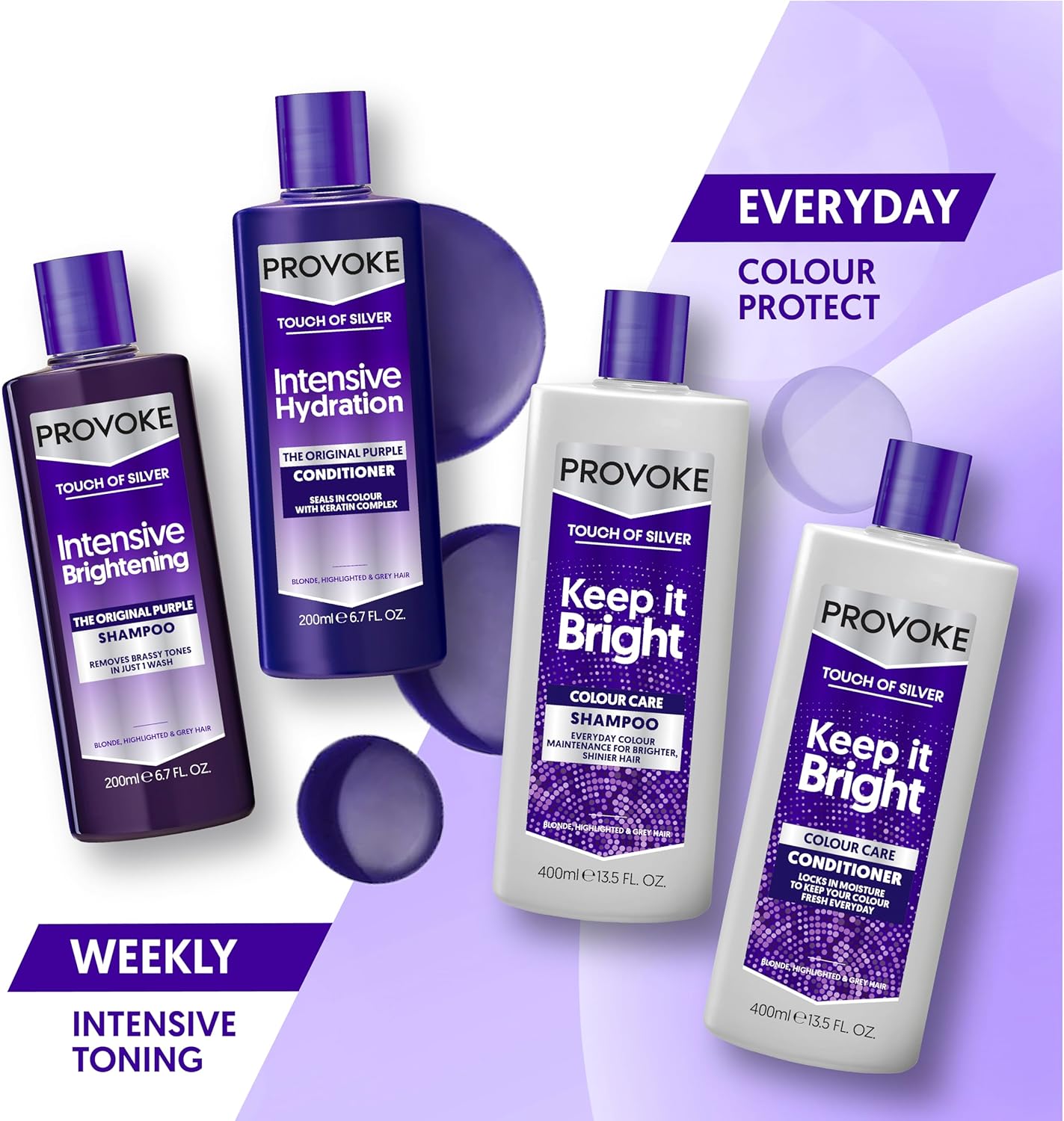Provoke Touch Of Silver Brightening Purple Shampoo 200 Ml, Neutralises Yellow And Orange Tones, Formulated With Violet And Blue Pigments