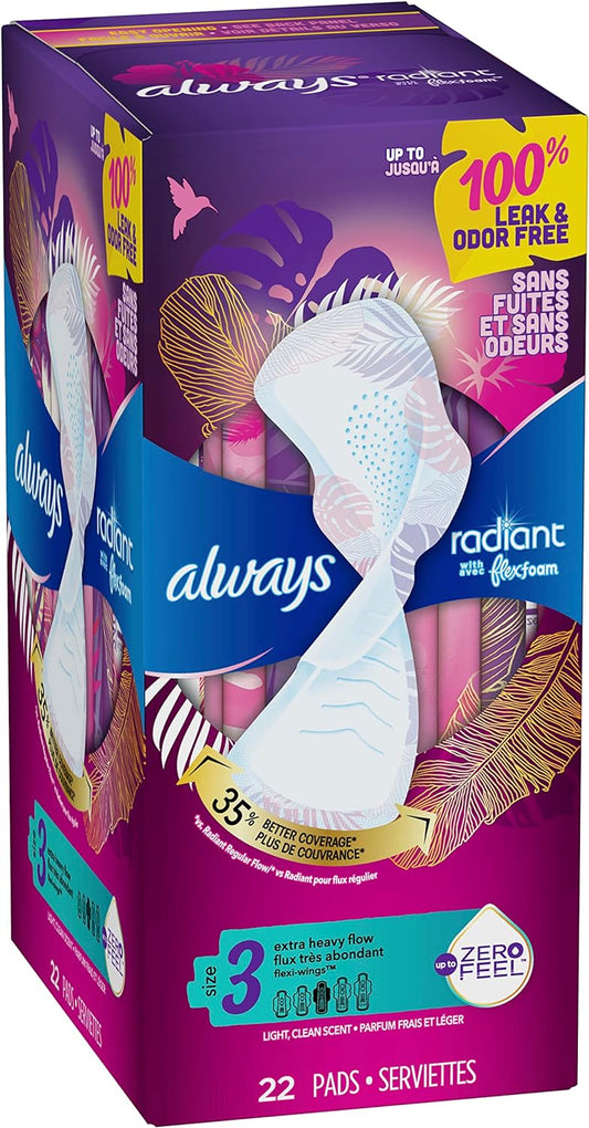 Always Radiant Feminine Pads For Women, Size 3 Extra Heavy Flow Absorbency, With Flexfoam, With Wings, Scented, 22 Count