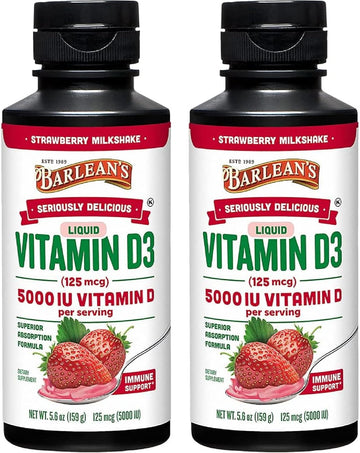 Barlean's Pack of 2 Liquid Vitamin D Supplement for Kids and Adults with 5000 IU D3, Strawberry Milkshake Flavored Sugar Free Vitamins for Children, 5.6 oz Each