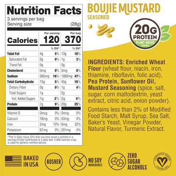 Lenny & Larry'S Boujie Mustard Fitzels- Savory Pretzel Snacks Incredibly Tasty, High Protein, Salty, Vegan, 20 G'S Of Plant Based Protein 8 (Eight) Bags, 3 Oz Each