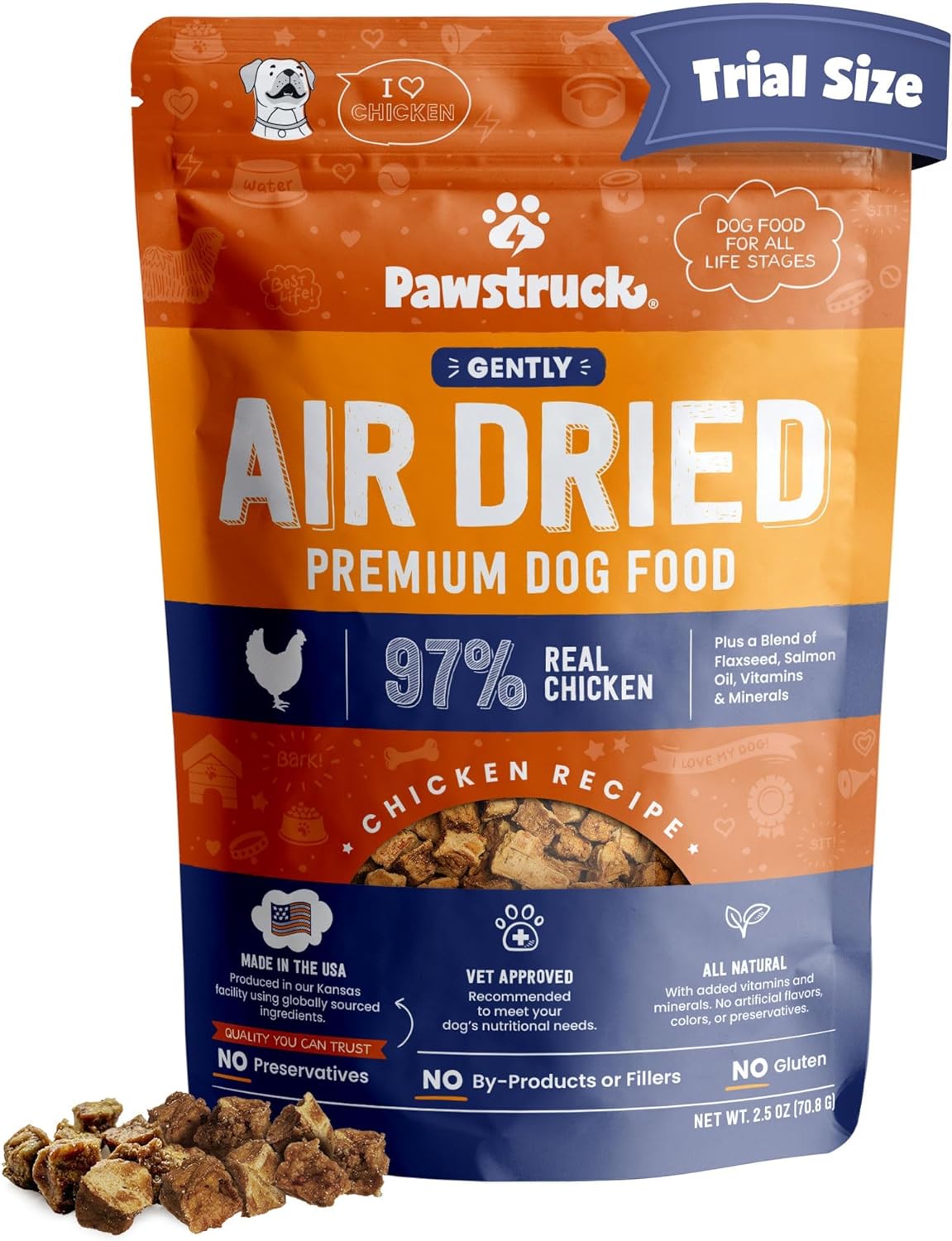 Pawstruck All Natural Air Dried Dog Food w/Real Chicken - Grain Free, Made in USA, Non-GMO & Vet Recommended - High Protein Limited Ingredient Full-Feed - for All Breeds & Ages - 2.5oz Trial Bag