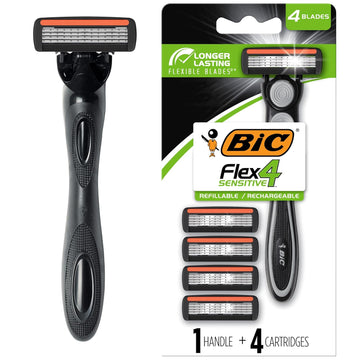 Bic Flex 4 Sensitive Refillable Men'S Razors, Perfect For Summer Shaves, 5-Pack With 1 Handle And 4 Cartridges