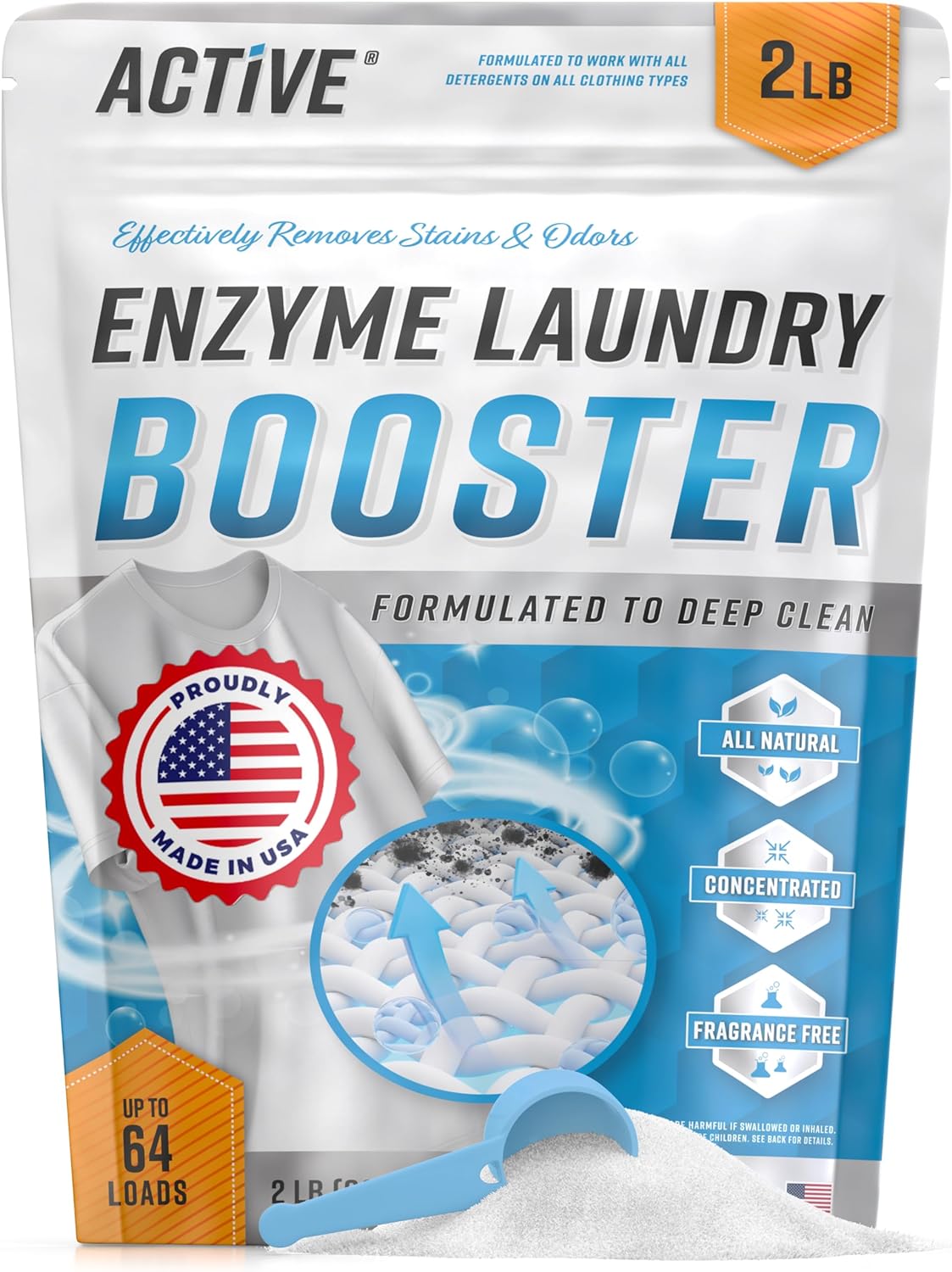 Enzyme Laundry Booster Odor Remover - 2 lbs Unscented Enzymatic Clothes Stain Cleaner Powder, Natural Deodorizer with Bio Active Enzymes, Detergent Additive Eliminator for Sweat, Oil, Blood - 64 Loads