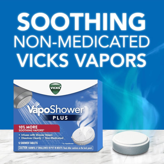 Vicks, Vaposhower Plus, Shower Steamers, Eucalyptus Shower Steamer & Menthol Scent, Clean Dissolving Vapor Shower Tablets, Aromatherapy Shower Steamer & Shower Bombs, 12 Count