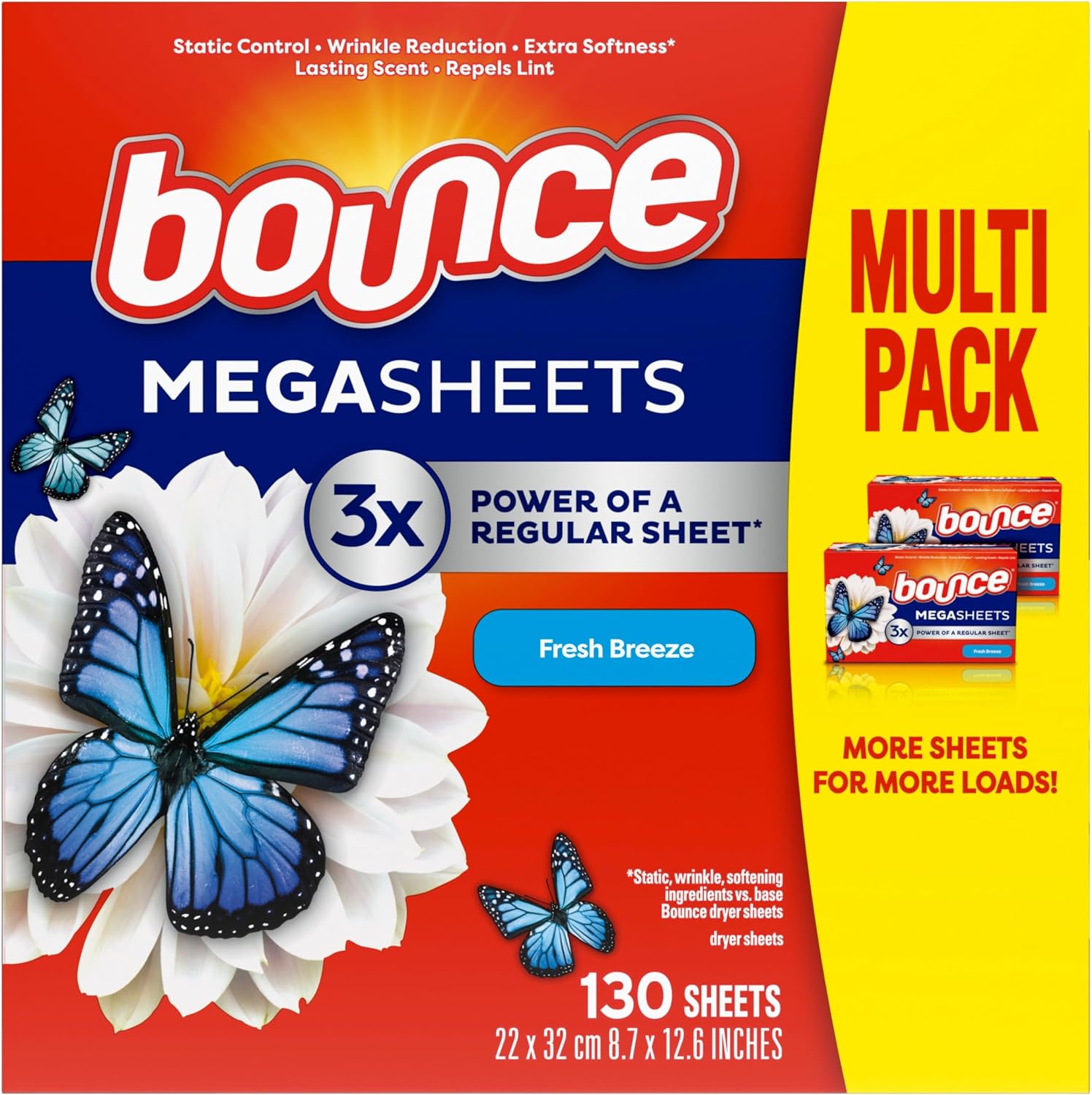 Bounce Mega Dryer Sheets, Fresh Breeze, 130 Count (Packaging May Vary)