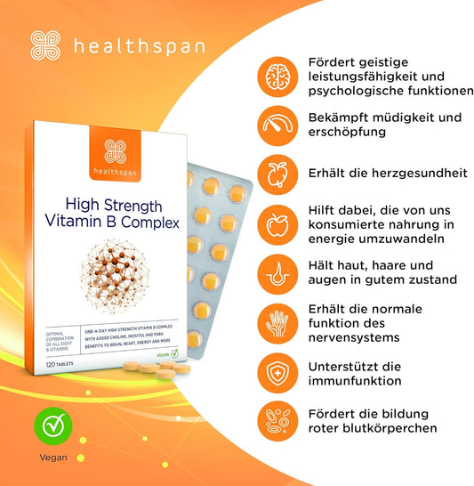 Healthspan High Strength Vitamin B Complex (120 Tablets) | High Levels of All 8 B-Complex Vitamins | Supports Brain & Heart Health | Immune Health | Reduces Tiredness & Fatigue | with Choline | Vegan