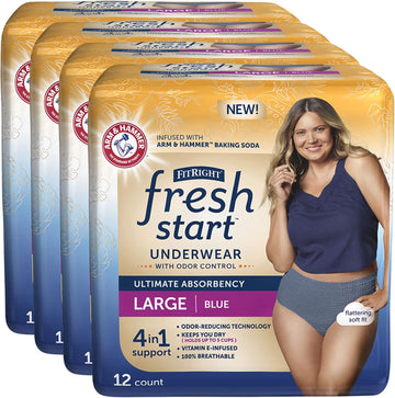 Fitright Fresh Start Urinary And Postpartum Incontinence Underwear For Women, Large, Blue, Ultimate Absorbency, With The Odor-Control Power Of Arm & Hammer Baking Soda (48 Count, 4 Packs Of 12)