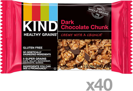 Kind Healthy Grains Dark Chocolate Chunk Bars, Gluten Free Bars, 1.2 Oz Bars (40 Count)